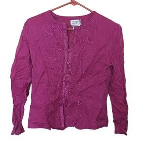 Adrianna Papell Embroidered Vintage Silk Size 8 Shoulder Pads Purple Buttons Top